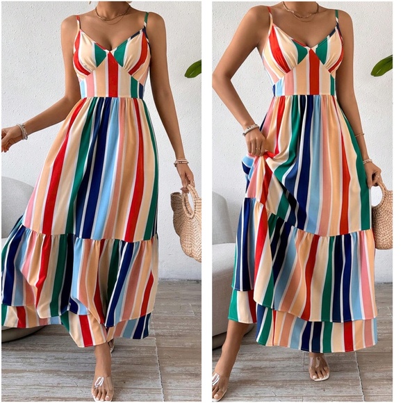 BellanBlue Dresses & Skirts - Boho Striped Tiered Ruffle Hem Cami Maxi Dress